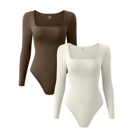 OQQ Women's 2 Piece Bodysuits Sexy Ribbed One Piece Square Neck Long Sleeve Tops Coffee Beige