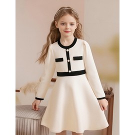 NIUSC Girls Sweater Fall Dress Long Sleeve Knit Button Color Block Winter Casual Party DressesApricot,11-12year