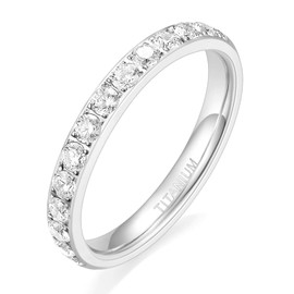 TIGRADE 3mm Womens Titanium Eternity Rings Half Cubic Zirconia Statement Wedding Engagement Band Size 3-13, Silver, Size 10.5