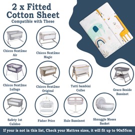 Organic Cotton GOTS Fitted Sheets 2+1 Waterproof Protector Compatible Next2me, Snuzpod and All Bedside Cribs, bassinets up to 90x55cm Pack of 3 Pieces