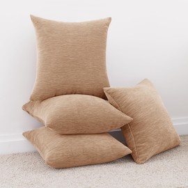 Olepangi 4 Packs Brown Decorative Throw Pillow Covers 18x18 Inch for Living Room Couch Bed Sofa, Rustic Farmhouse Boho Home Decor, Soft Plush Chenille Square Cushion Case 45x45 cm