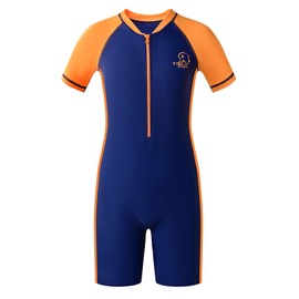 karrack Boys One Piece Zip Rash Guard Swimsuit Kid Water Sport Short Swimsuit UPF 50+ Sun Protection Bathing Suits Orange (Size 4-6Years)
