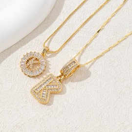 Alphabet Pendant Full Diamond Rock Candy 26 Letters Necklace for Women Copper Inlaid Zircon Plated Real Gold Round Flower Alphabet Set cadena mujer:_K_Gold