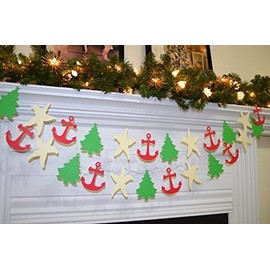 Nautical Christmas Garland, Red anchor cream starfish and Christmas tree decor, Nautical Christmas decor, Beach Theme Christmas