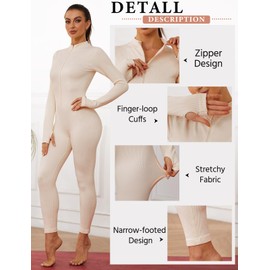 Nadeer Womens Ribbed Jumpsuit Long Sleeve Yoga Romper One Piece Bodycon Zip Up Unitard Romper Workout Sports Bodysuit All In One Jumpsuit Playsuit Outfits