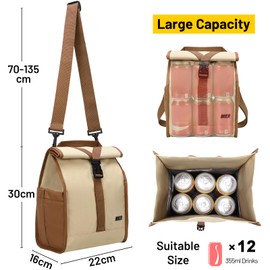 MIER Lunch Bag Rolltop Cool Bag Insulated Cooler Bag Women Men Lunch Tote Bag with Shoulder Strap for Work Travel Picnic 9L, Khaki