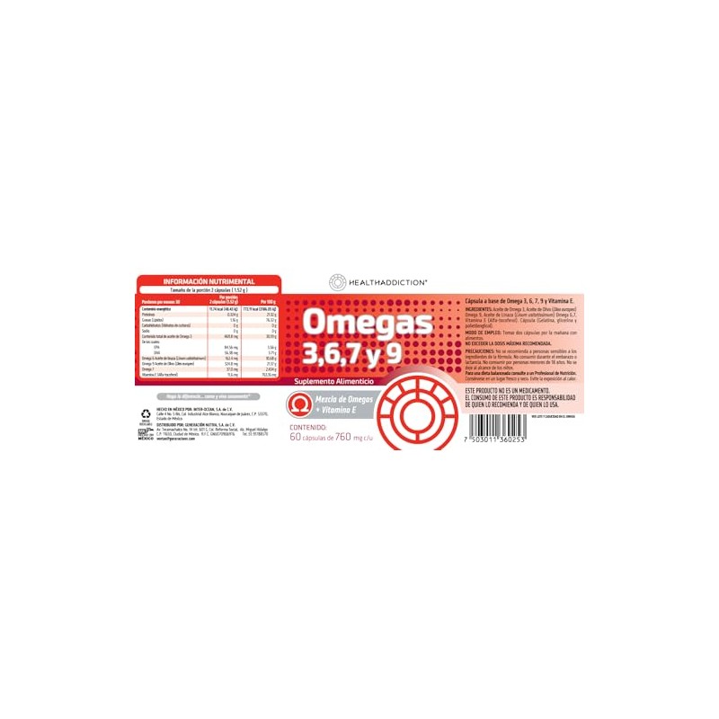 HEALTHADDICTION - Suplemento Omega 3, 6, 7 y 9-60 Cápsulas