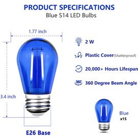 GUILEDUO 15 Pack S14 LED String Light Bulbs, Shatterproof 2 Watt Blue Replacement Bulbs for Outdoor String Light, Waterproof Decorative E26 Base Blue Filament Edison Christmas Light Bulbs, 120V