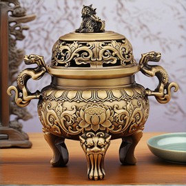 Antique Chinese Brass Incense Burner - 5.5" Lion Base & Lotus Carving for Zen/Yoga/Office | 6.5cm Mouth Fits Coil/Stick Incense | Feng Shui Decor by 22Trendstyle24