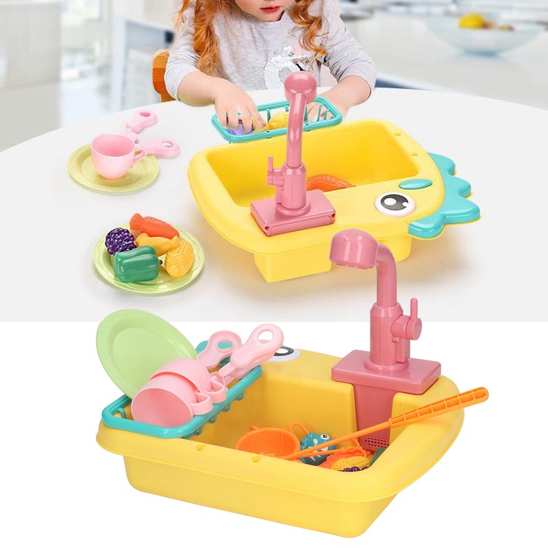 2 in 1 Play Kitchen Sink Toys with Running Water