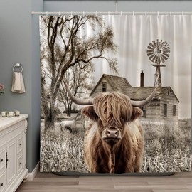 Highland Cow Western Shower Curtain Longhorn Bull Rustic Windmill Cattle Farm Animal Wildlife Country Farmhouse Vintage Barn Bathroom Decor Set Bathtub Curtains with Hooks 70Wx70H Inch