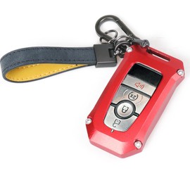 RERPRO Fit for Ford Key Fob Cover Keychain Compatible with 2021 2022 2023 2024 2025 Ford Bronco Bronco Sport F150 Key Chain Case Key Holder Aluminum Shell with Leather Lanyard Accessories 1 Pack Red