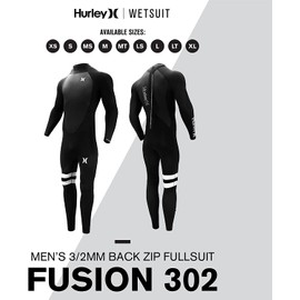 Hurley Mens Wetsuit - Fusion 302 3/2MM Long Sleeve Full Wetsuit with Back Zip - Glued and Blindstitched Neoprene Full Body Wet Suit (Small)