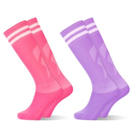 GRPSKCOS Children's Football Socks, 2 Pairs Football Socks Children Sports Girls Boys Football Knee Socks Toddler Stripes School Uniform Stockings, #6 Pink+Purple