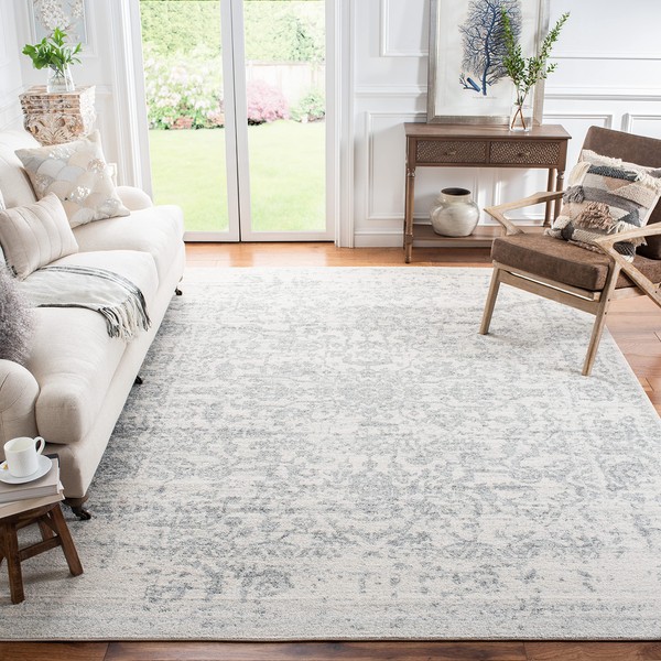 SAFAVIEH Madison Collection Area Rug - 8' x 10', Silver & Ivory, Snowflake Medallion Distressed Design, Non-Shedding & Easy Care, Ideal for High Traffic Areas in Living Room, Bedroom (MAD603G)