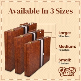Premium Backgammon 15 Inches Medium Brown - Backgammon Sets for Adults and Kids - Leatherette Back Gammon Board Game Set - Travel Backgammon Set Board Encased with Accessories