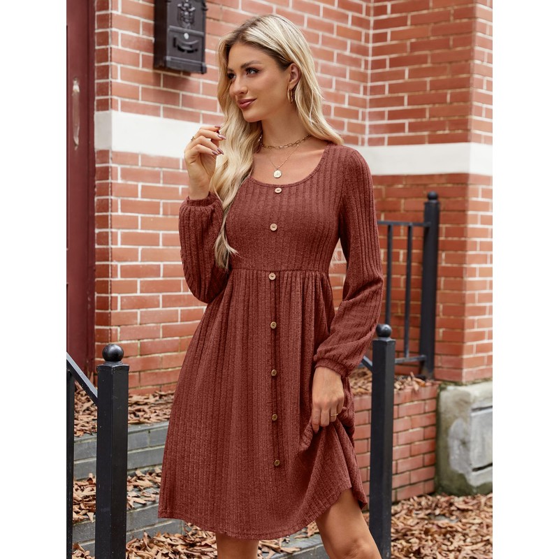 JUSTFASHIONNOW Womens Knit Dress Long Sleeve Knee Length Dresses Button