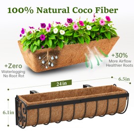 VOXOR Railing Planter Boxes, 24 Inch Window Boxes Planters, Balcony Planters with Adjustable Brackets & Coco Liner for Outdoor Fence, Deck, Porch, and Patio Gardening, 2 Pack