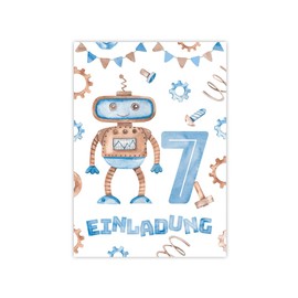 Minkocards 12 Invitations for 7th Children's Birthday Boy Robot Invitations for Seventh Birthday Children Colourful Birthday Invitations