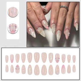 Medium Press on Nails Almond Fake Nails French Tip False Nails with 3D Bow Glue on Nails Embossed Designs Stick on Nails Cute Glossy Artificial Nails for Women 24pcs