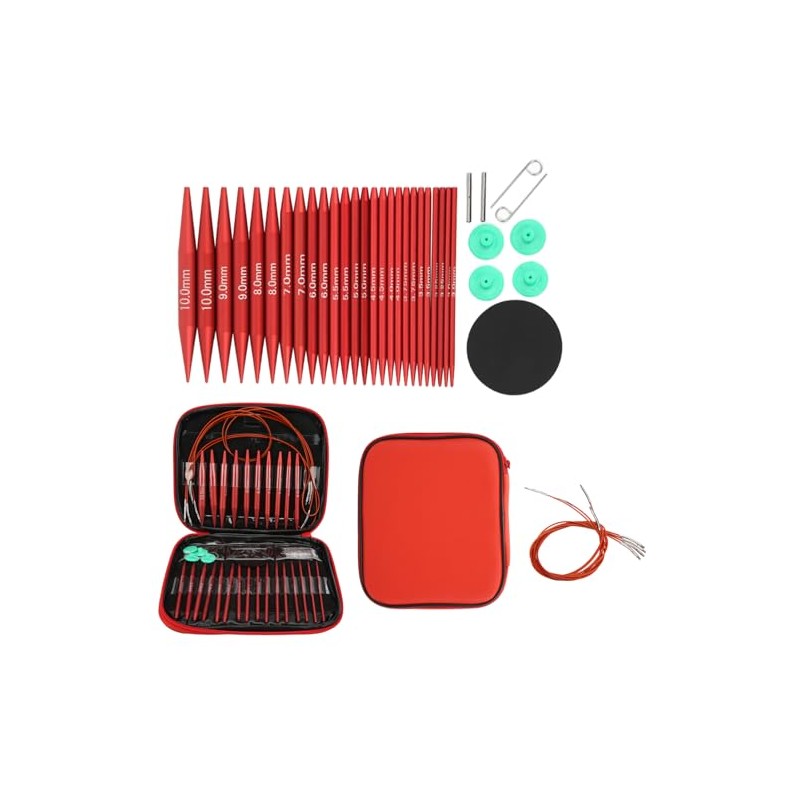 Juego de 26 agujas circulares intercambiables para tejer, color rojo