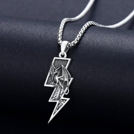 MEIDERBO Dragon Necklace for Men Women 925 Sterling Silver Lightning Bolt Necklace Dragon Pendant Jewelry for Birthday Christmas, 34.9*14.8mm, Sterling Silver, No Gemstone