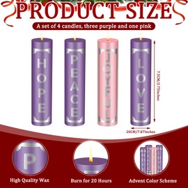 MTLEE Set of 4 Christmas Advent Candles with Words Pillar Candles Advent Wreath Candles for Adult Home Wedding Advent Rings Wreaths Church Receptions Celebrations, Purple Pink(2 x 8'')