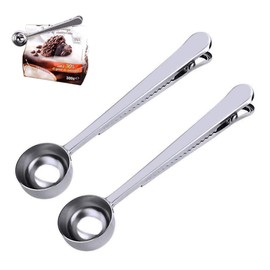 2PCS Coffee Scoop with Bag Clip, Stainless Steel Coffee Measuring Spoon Ground Coffee Sealer for Cafetiere Ground Coffee and Beans(Silver）