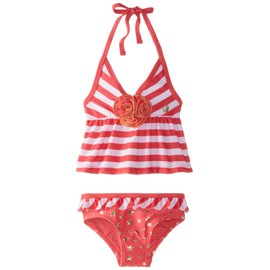 Rugged Bear Conjunto de Tankini de Estrellas y Rayas para bebé niña, Coral/Lluvia Tropical, 24 Meses