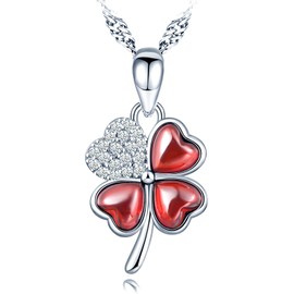 MICMIF 925 Sterling Silver Clover Necklace Four-leaf Clover Pendant Necklace with Red Garnet Necklaces Jewellery Gifts for Women Girls