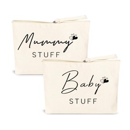 YNR 2 Pcs Portable Baby Shower Gifts for Mum, Canvas Pouch Bags with Zipper, New Mum Gifts, White Cosmetic Bags, Mother to Be Present