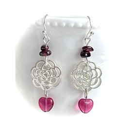Silver Flower, Pink Heart and Garnet Dangle Earrings. Jewelry Earrings for Women #3298FE3870