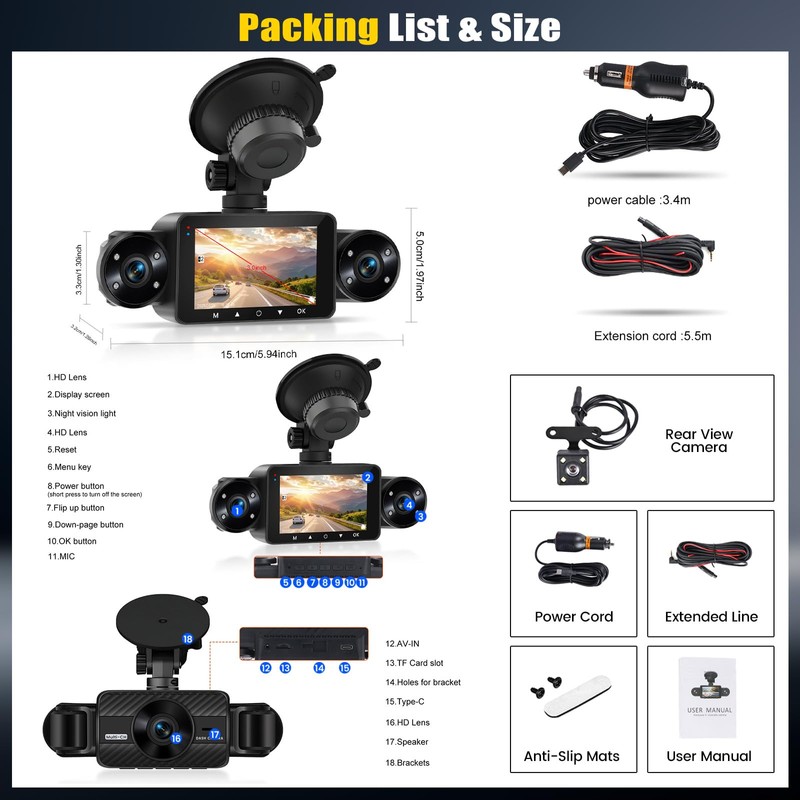 4 Channel Dash Cam Front and Rear Inside Left Right,3”