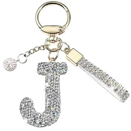 White A-Z Initials Letter Keychain Bling Sparkly Cute Pendant for Wallet Backpack Handbags Women,Letter J