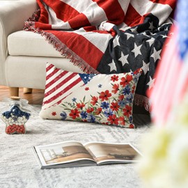4th of July Patriotic Poppy Floral Throw Pillow Cover, 12 x 20 Inch Independence Day Memorial Day America Flag Stars Decor Cushion Case for Sofa Couch