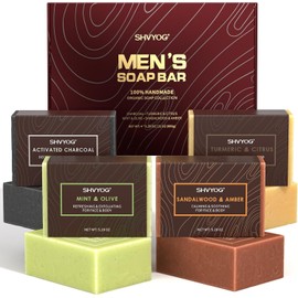 Pack of 4 Natural Men's Soap, Handmade Exfoliating Soap, Deep Cleansing, Refreshing, Moisturising Soap for Body and Face - Sandalwood, Amber, Mint, Charcoal, Turmeric