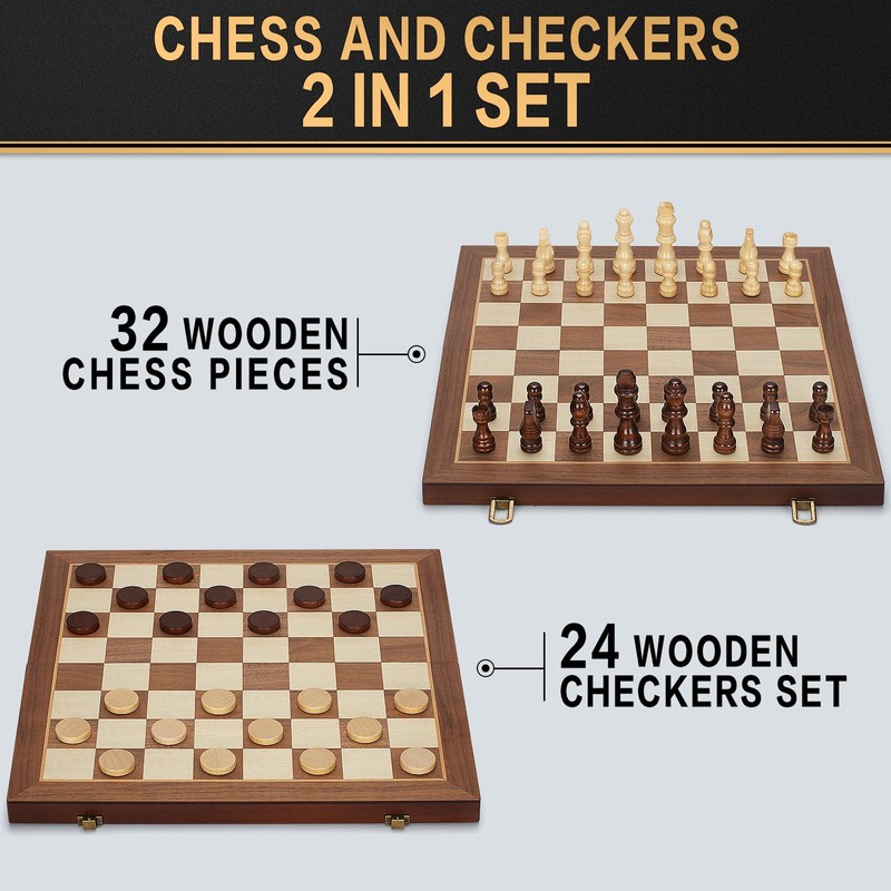 2 in 1 Magnetic Wooden Chess and Checkers Board Game