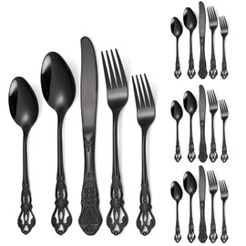 A · HOUSEWARE Black Silverware Royal Flatware Set for 4 Stainless Steel Cutlery Retro Antique Kitchen Utenisl with Flower Design Handle for Resturant Home Festival Parties