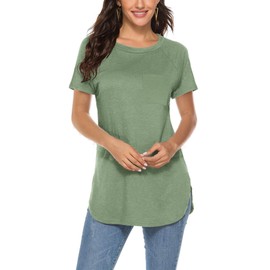 Newchoice Womens Tops Short Sleeve Tunic Length Simple Plain Long Shirts to Hide Belly Fat (L,Green)