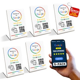 Tap Google Review Stands (5-Pack) by TapFive - Tap for Instant Reviews - All Phones Compatible - Reusable Smart Tap NFC & QR - Boost Business Reviews Zappy Fast - Powered by TapFive (White, 5 Stands)