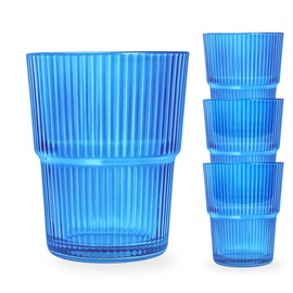 ELEMENT LABS Ribbed Drinking Cups Set of 4-14oz Blue Highball Glass, Stackable Vintage Tumblers for Cocktails, Iced Coffee, Juice & Water, Elegant Everyday Glassware
