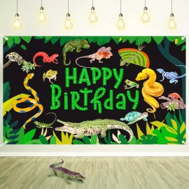 Unbranded Reptile Swamp Happy Birthday Decorations Jungle Wild One Party Banner for Kids