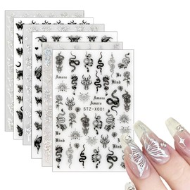 6 Blatt Nagelsticker Set, Selbstklebend Schwarz Schlange Nagelaufkleber, Laser Schmetterling Nägel Aufkleber Mond Sterne Nageldesign Sticker für Mädchen Frauen Maniküre DIY Zubehör