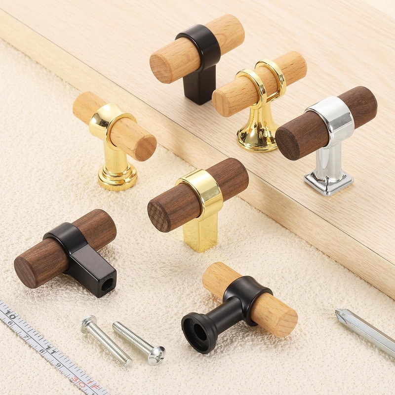 sourcing map 4Pcs T-Bar Wooden Drawer Pulls, 1.57" x 0.71"