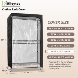 Rileytee Garment Rack Cover,600D Heavy Duty Waterproof Clothing Cover,Clothes Rack Cover with Zipper for Metal Garment Rack（Clear Front,46"W x 18"D x 80"H,Cover Only)