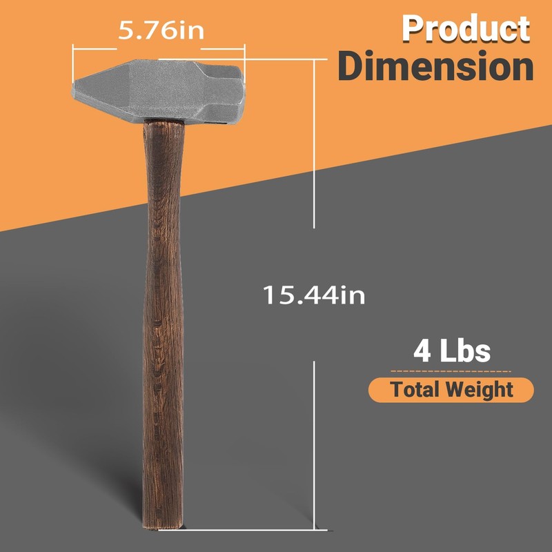 Blacksmith Hammer 4lb Heavy-Duty Forged Steel Cross Peen Hammer for