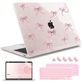 May Chen Compatible with MacBook Air 13 inch Case 2021, 2020 2019 2018 Release Model: M1 A2337 A2179 A1932, Plastic Hard Shell Case Cover with Keyboard Cover, Sakura Pink Glitter Bow