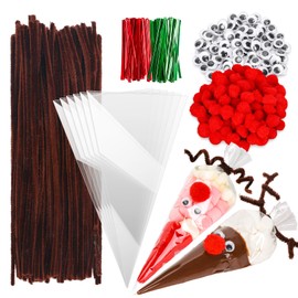 JarThenaAMCS 500Pcs Christmas Cone Cellophane Bags Santa Claus Deer Clear Treat Triangle Bags Xmas DIY Art Crafts Kit for Goodie Popcorn Cotton Candy Party Favor Supplies