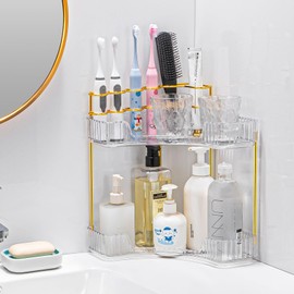 shuang qing Upgraded 2-Tier Corner Bathroom Countertop Organizer – Spacious Storage for Makeup, Skincare & Perfumes, Built-in Brush Holder Fits Vanity/Dresser/Bsthtub (Classic White)