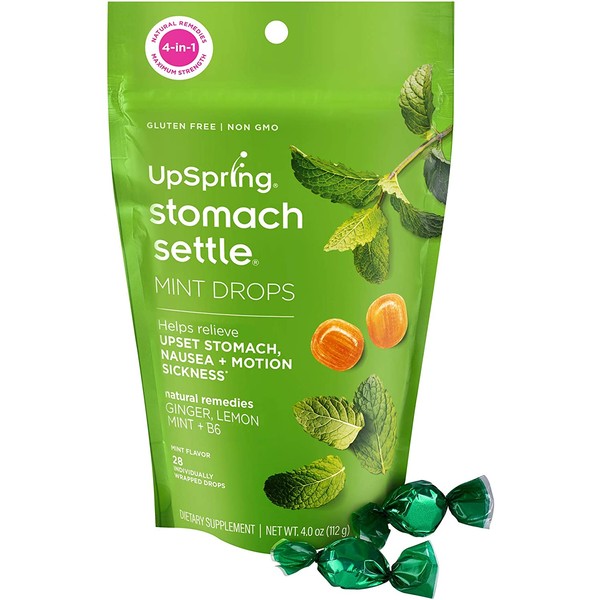 Upspring Stomach Settle Drops with Ginger, Lemon, Spearmint, Honey & B6 | Spearmint Flavor | Relieves Nausea, Gas, Bloating, Motion & Morning Sickness* | 28 Individually Wrapped Drops